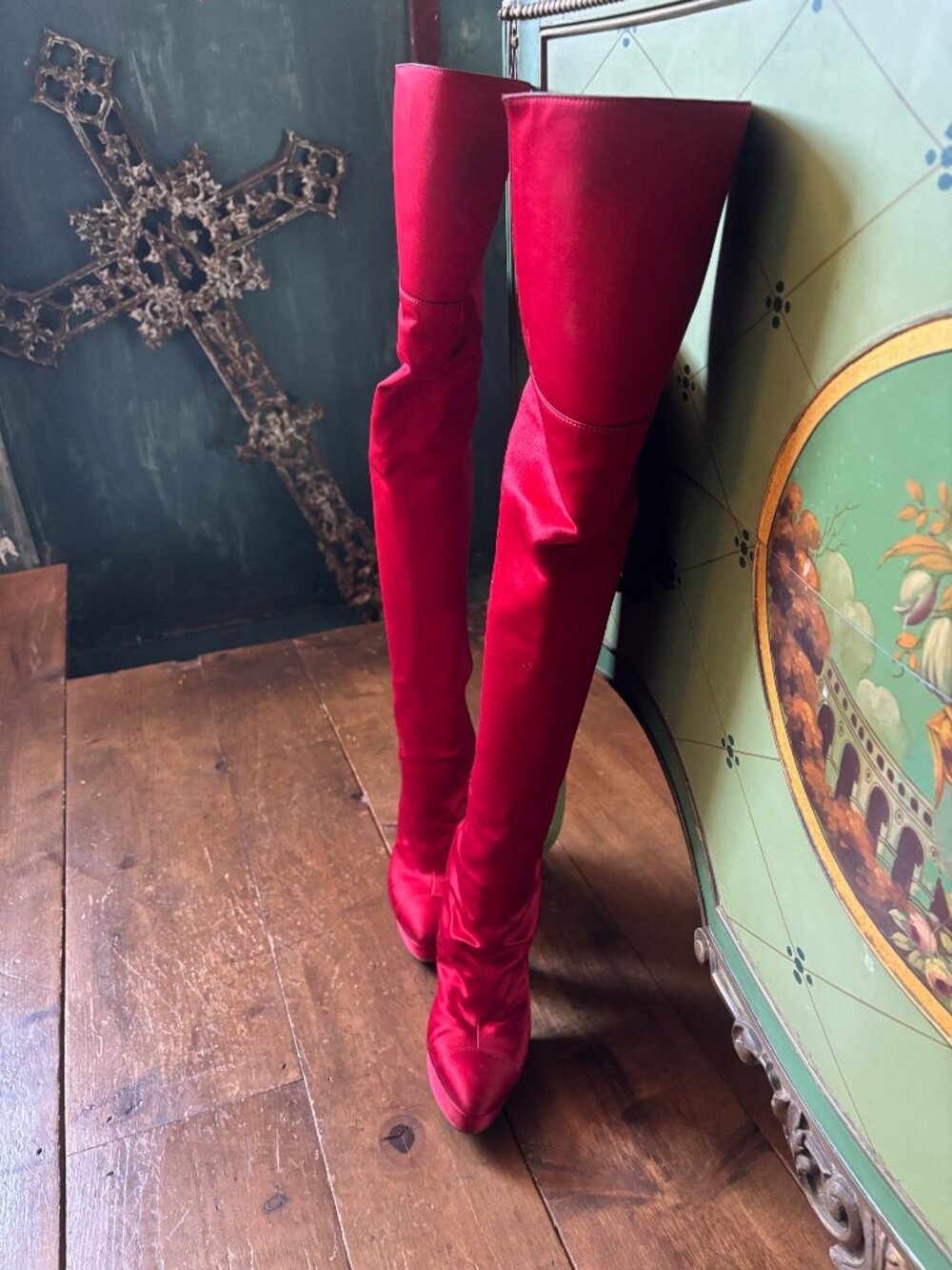 Chanel Red Satin Thigh-High  Boots Size 39 Comfortable Fit